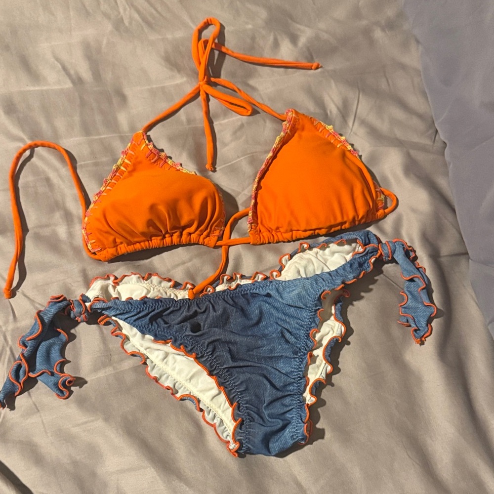 Orange and Blue Ruffled Bikini Set